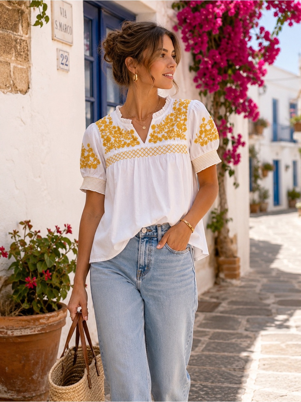 J.Crew White Embroidered Cotton‎ Peasant Top Floral Puff Sleeve Boho XS